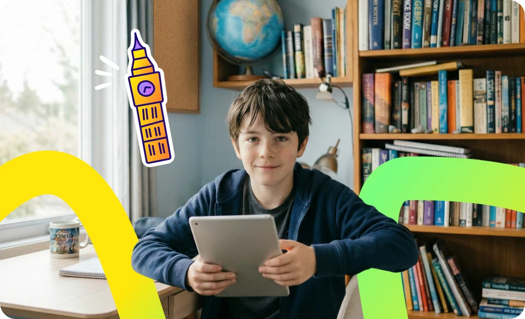 Boy learning English at a library